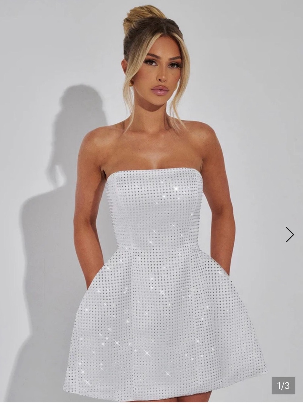 Strapless White Mini Dress with Sequin Grid